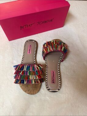 Betsey Johnson Multicolor Fringe Cork Slide Sandals